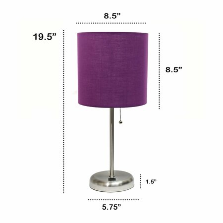 Creekwood Home Oslo 19.5in Contemporary USB Port Feature Metal Table Lamp, Brushed Steel, Purple Drum Fabric Shade CWT-2012-PR